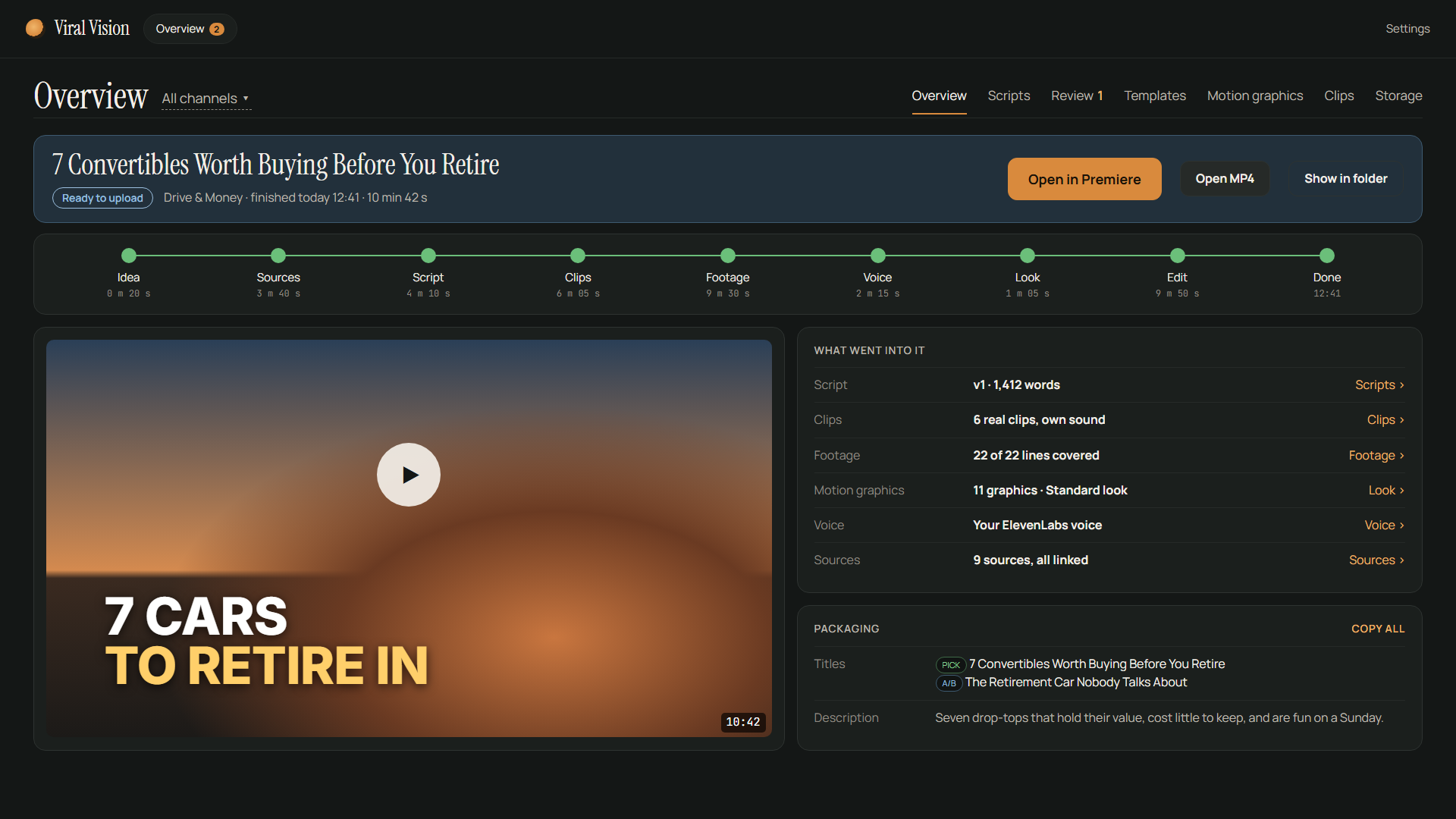 The finished video page in Viral Vision: the video, the stages it went through, and what went into it